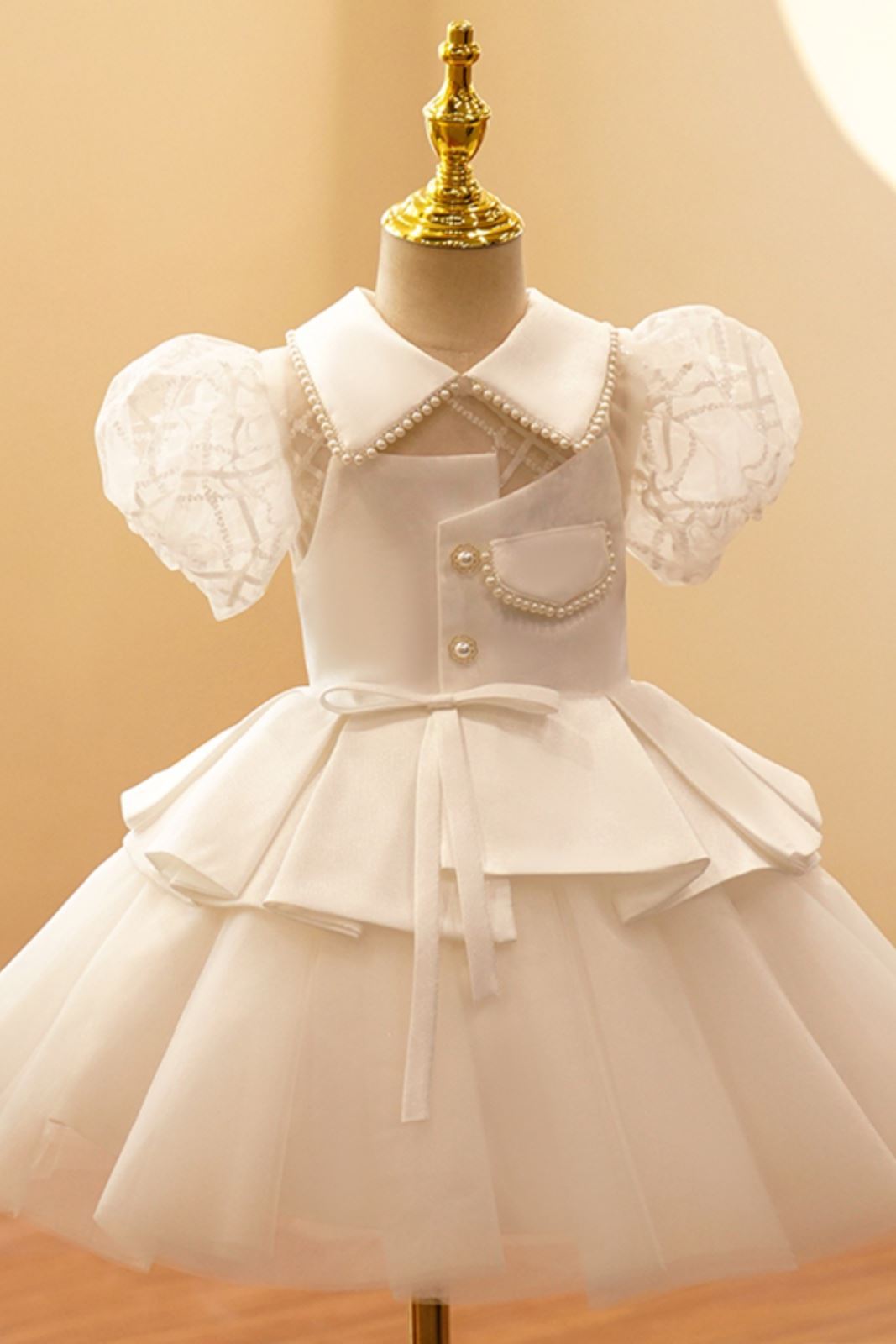 Prinzessin Kragenhals Wadenlang Satin Blumenmädchenkleider Weiß