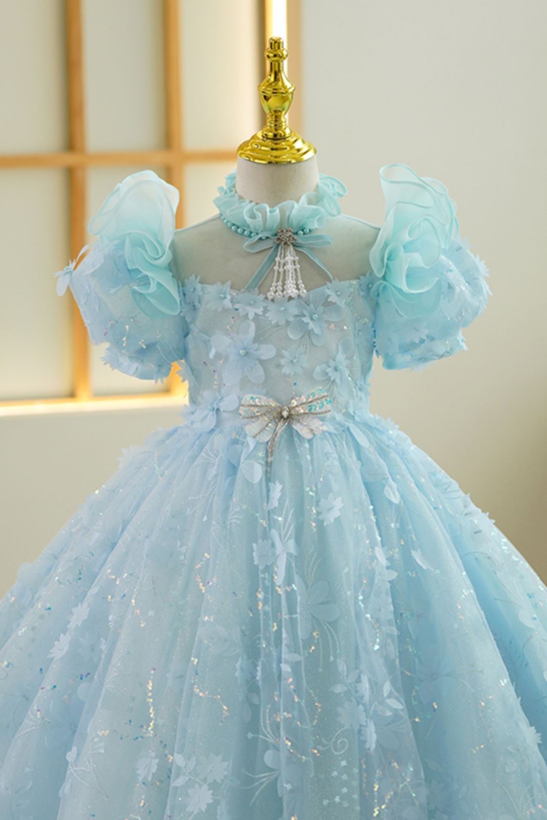 Принцесса ложный воротник Полная Длина Lace Детские Платья in Синий