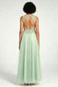 Plunge Neck Floral Lace A-Line Ball Gown with Open Back