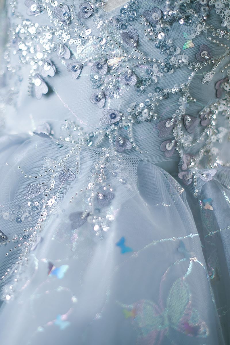 Prinzessin Wadenlang Pailletten Blumenmädchenkleider in Staubigblau