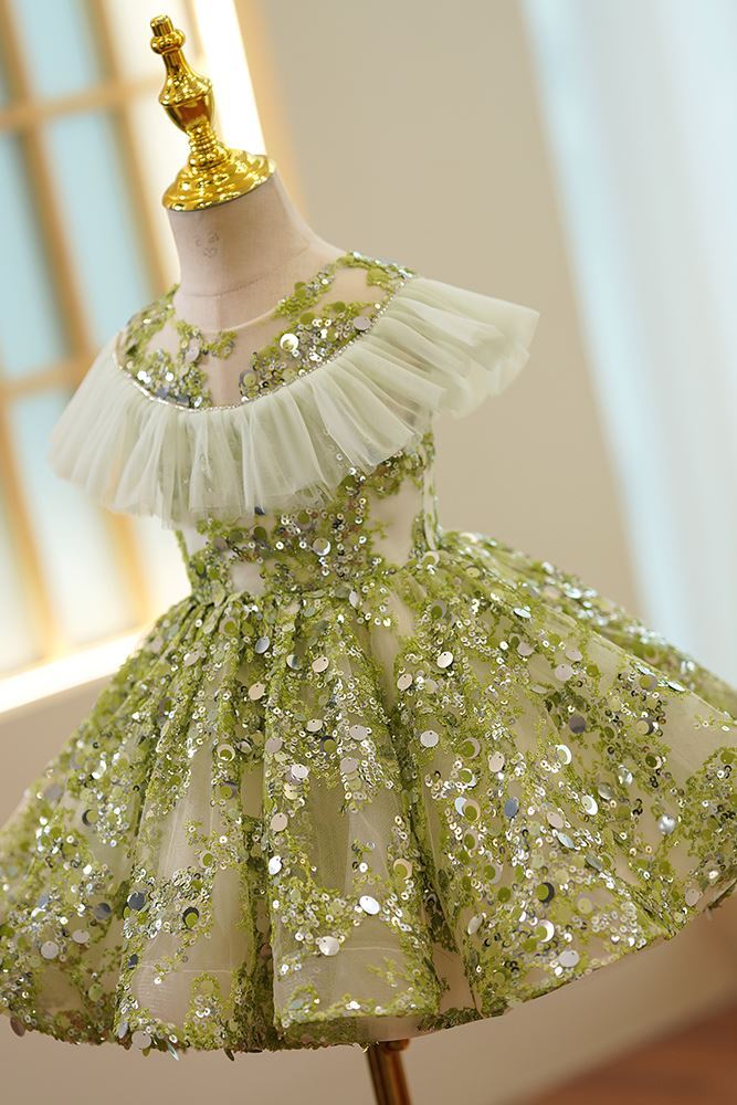 Round Длина по Щиколотку Sequined Детские Платья Зелёный
