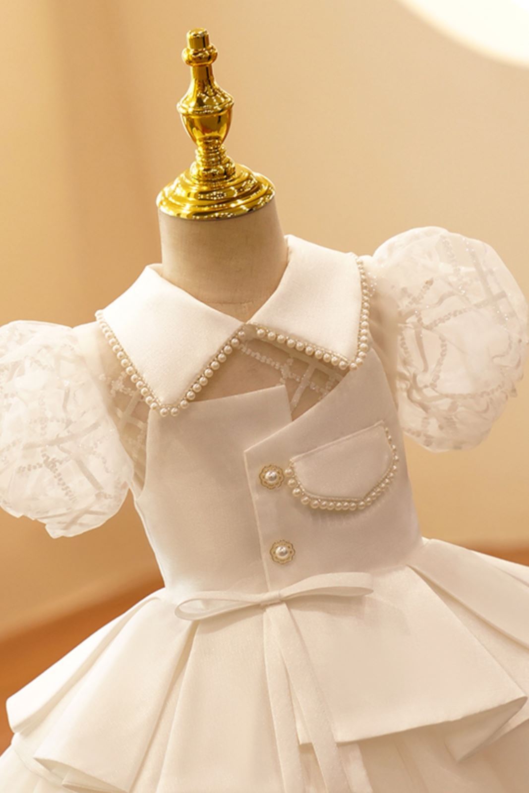 Prinzessin Kragenhals Wadenlang Satin Blumenmädchenkleider Weiß