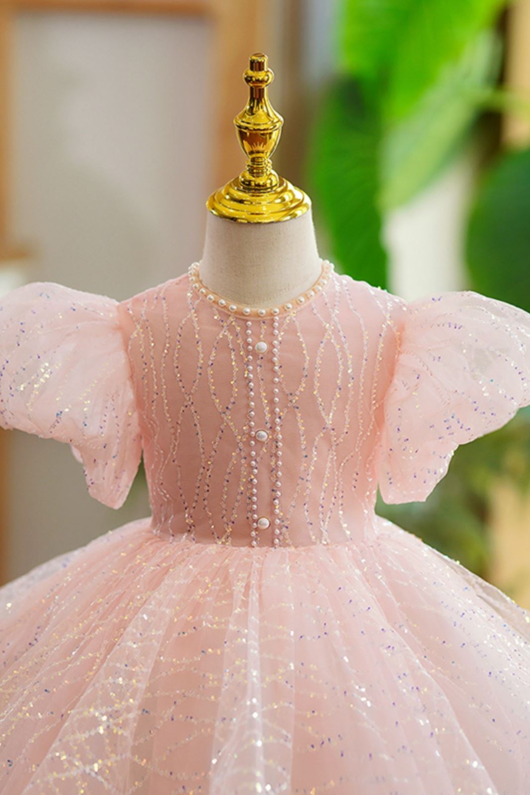 Prinzessin Wadenlang Pailletten Blumenmädchenkleider in Rosa