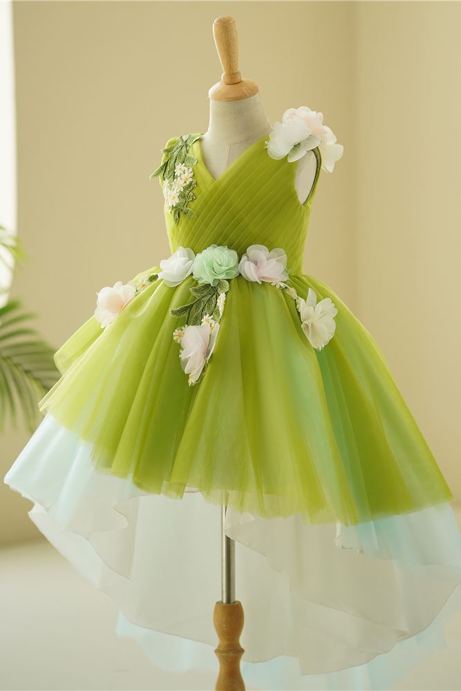 Prinzessin V Ausschnitt Bodenlang Tüll Blumenmädchenkleider in Grün
