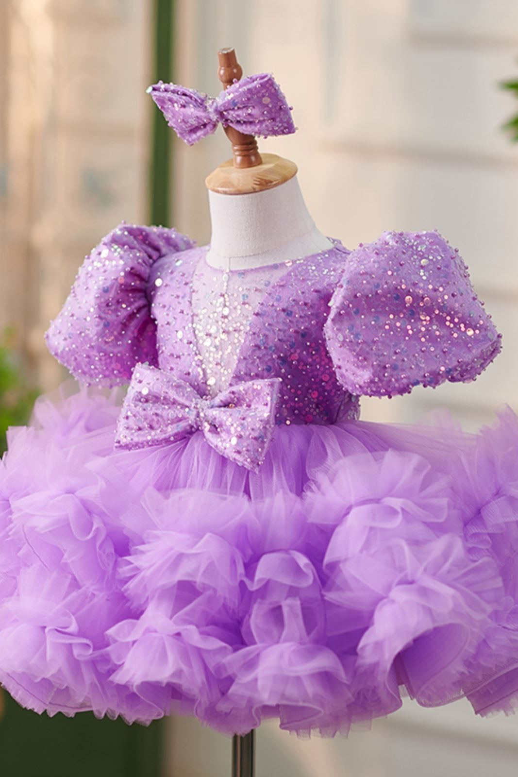 Prinzessin Runden Wadenlang Tüll Blumenmädchenkleider in Lila