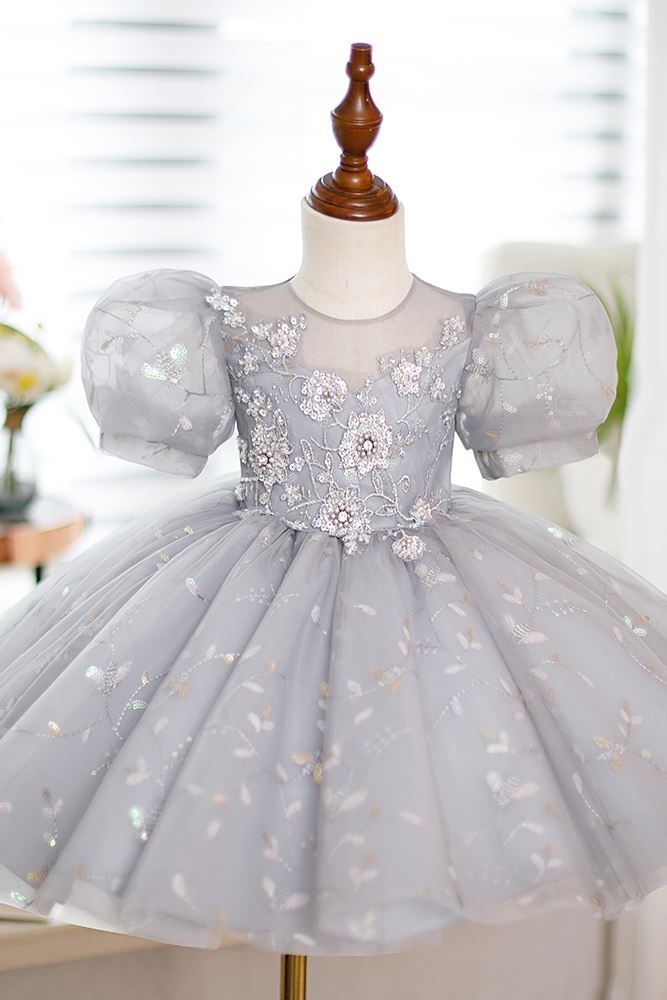 Prinzessin Runden Wadenlang Pailletten Blumenmädchenkleider in Grau