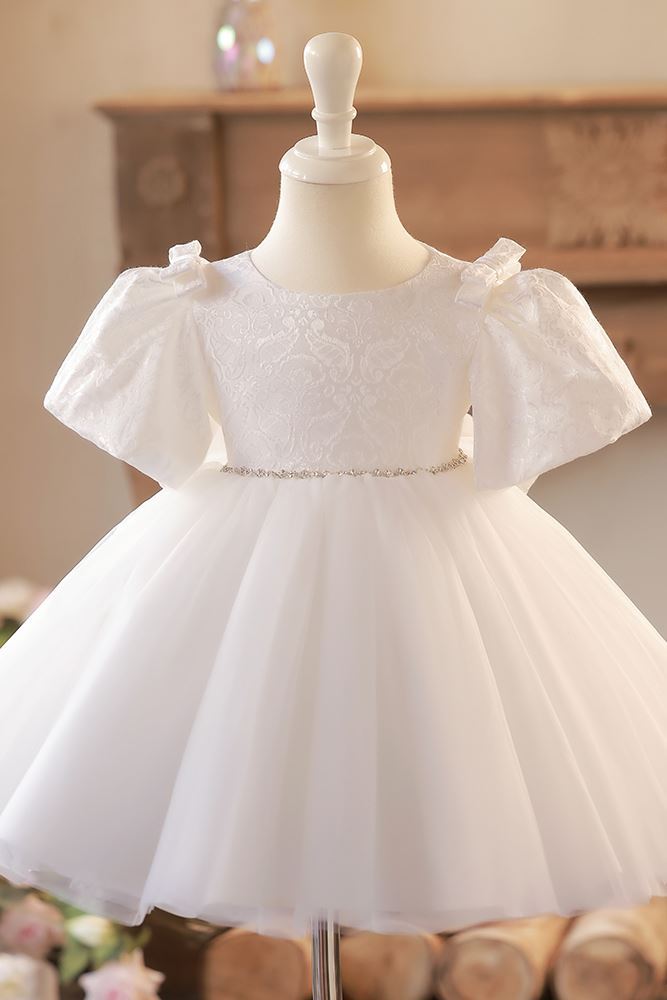 Prinzessin Runden Wadenlang Spitze Blumenmädchenkleider in Weiß