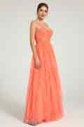 Coral A-Line Maxi Dress with Sweetheart Neckline and Beaded