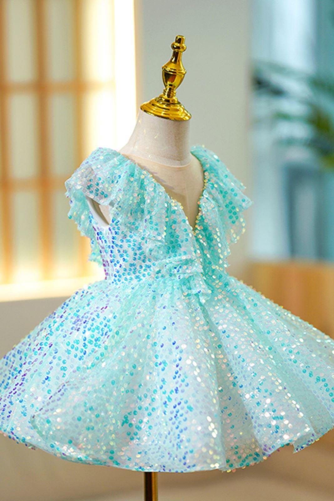 Prinzessin Wadenlang Pailletten Blumenmädchenkleider in Minzgrün