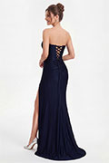 Marineblaues, trägerloses Korsett-Abendkleid mit hohem Schlitz und Schnürung am Rücken