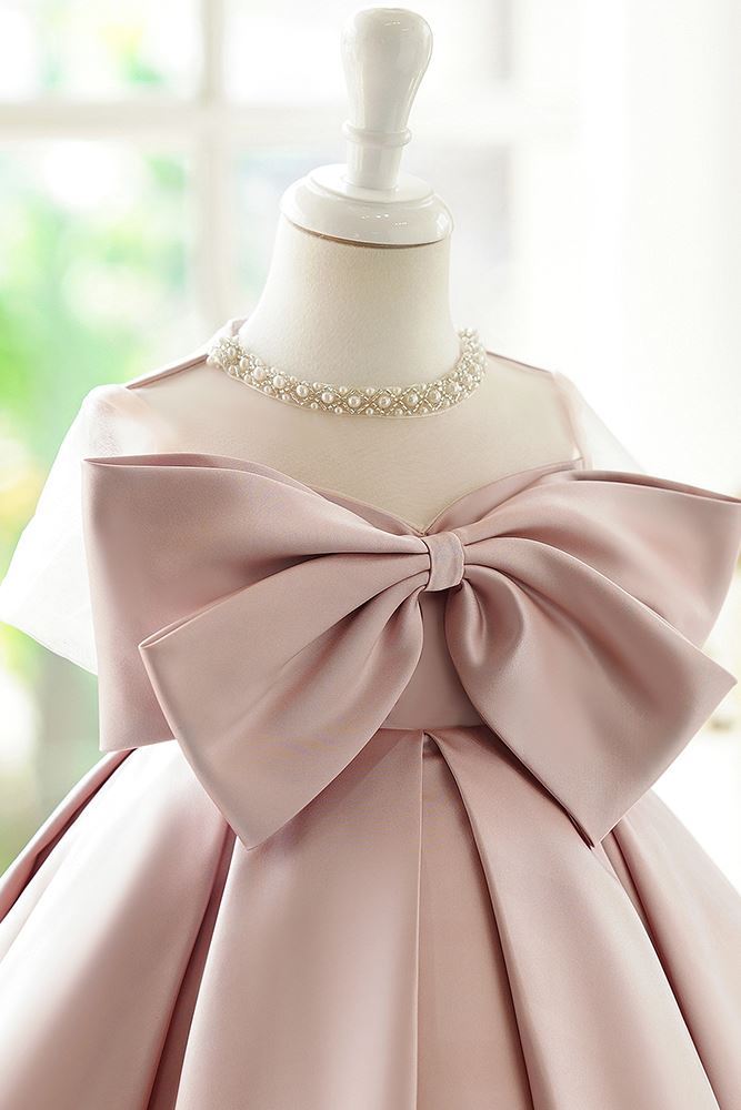 Prinzessin Juwelenhals Wadenlang Satin Blumenmädchenkleider in Rosa