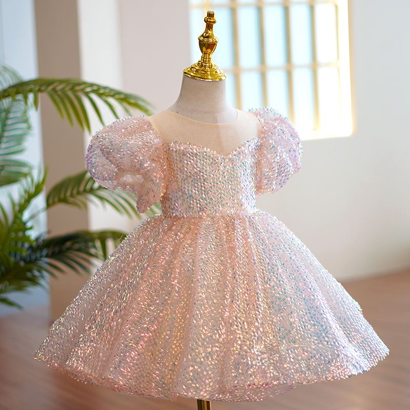 Princess Round Tea Length Sequined Flower Girl Dress Pink
