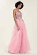 Embellished Tulle Gown with Beaded Floral Deep V-Neck & Open Back