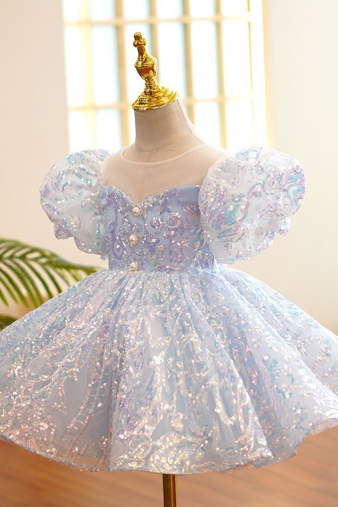 Prinzessin Wadenlang Pailletten Blumenmädchenkleider Staubigblau