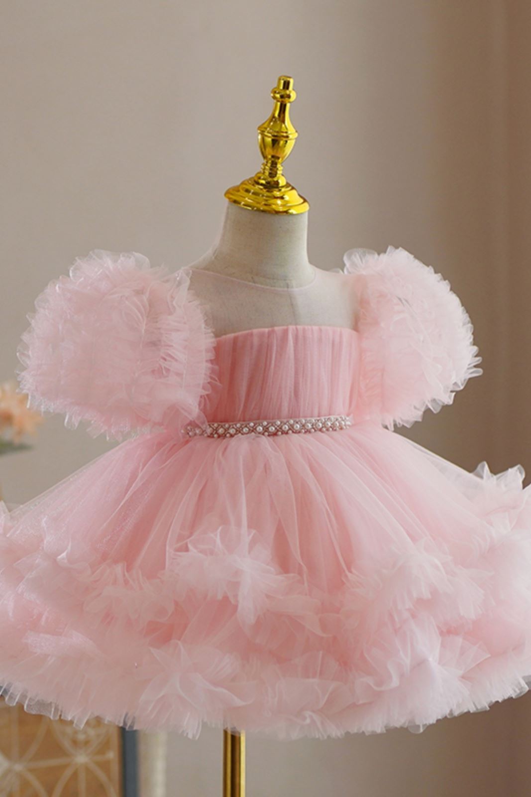 Prinzessin Runden Wadenlang Tüll Blumenmädchenkleider in Rosa