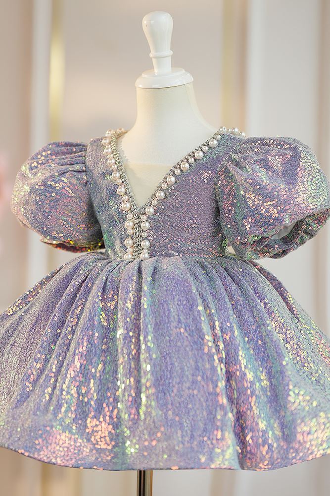 Prinzessin Wadenlang Pailletten Blumenmädchenkleider in Rosa