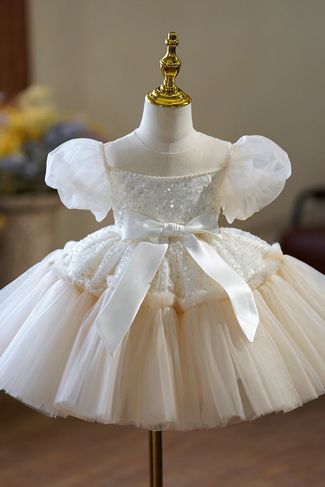 Prinzessin Wadenlang Tüll Blumenmädchenkleider Champagner