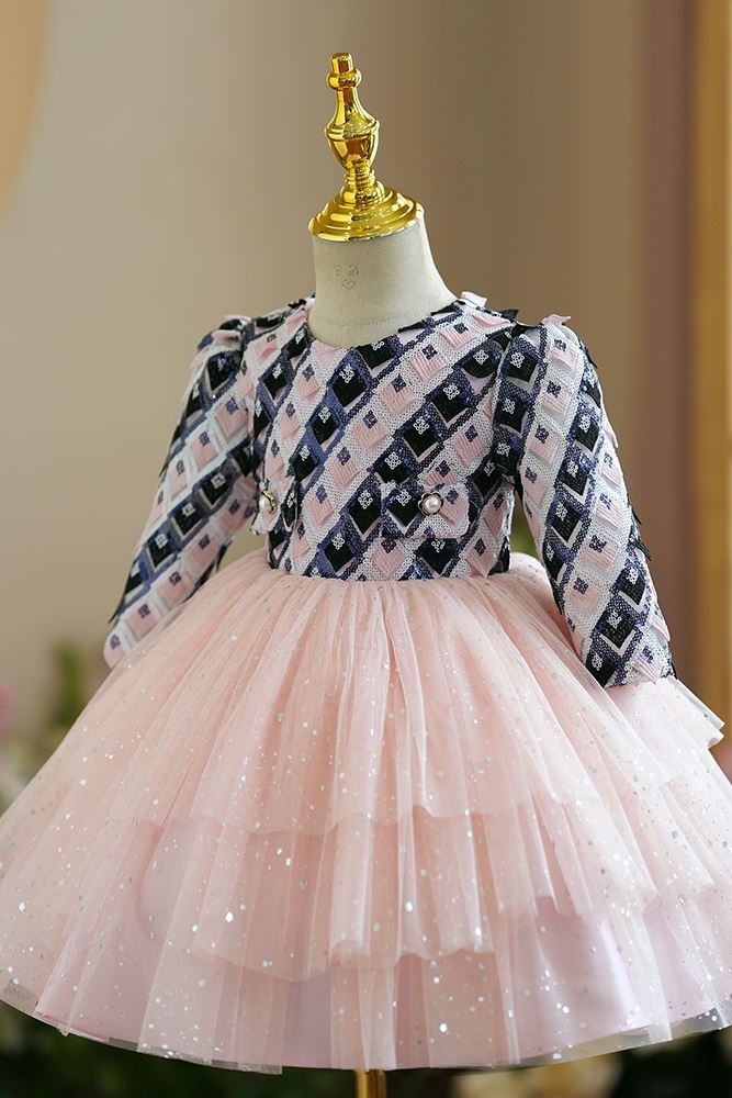 Prinzessin Runden Wadenlang Tüll Blumenmädchenkleider in Rosa