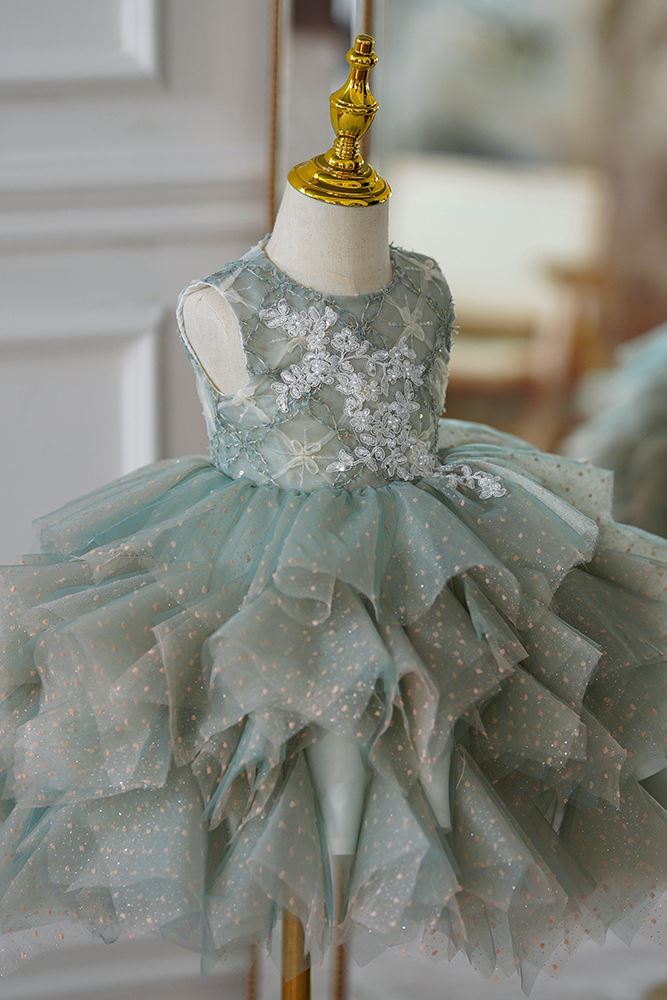 Runden Wadenlang Tüll Blumenmädchenkleider in Grün