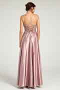 V-Neck Beaded Floral Bustier Lace-Up Satin Maxi Formal Dress