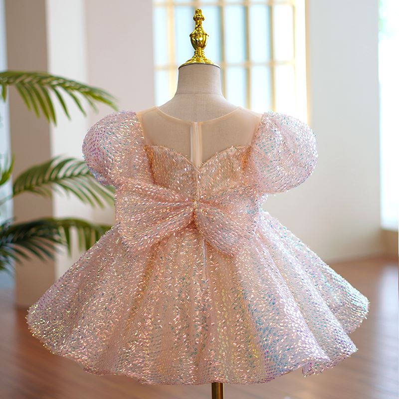 Princess Round Tea Length Sequined Flower Girl Dress Pink