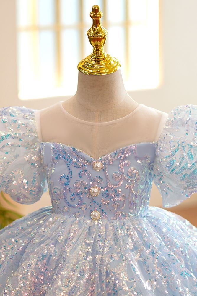 Prinzessin Wadenlang Pailletten Blumenmädchenkleider Staubigblau