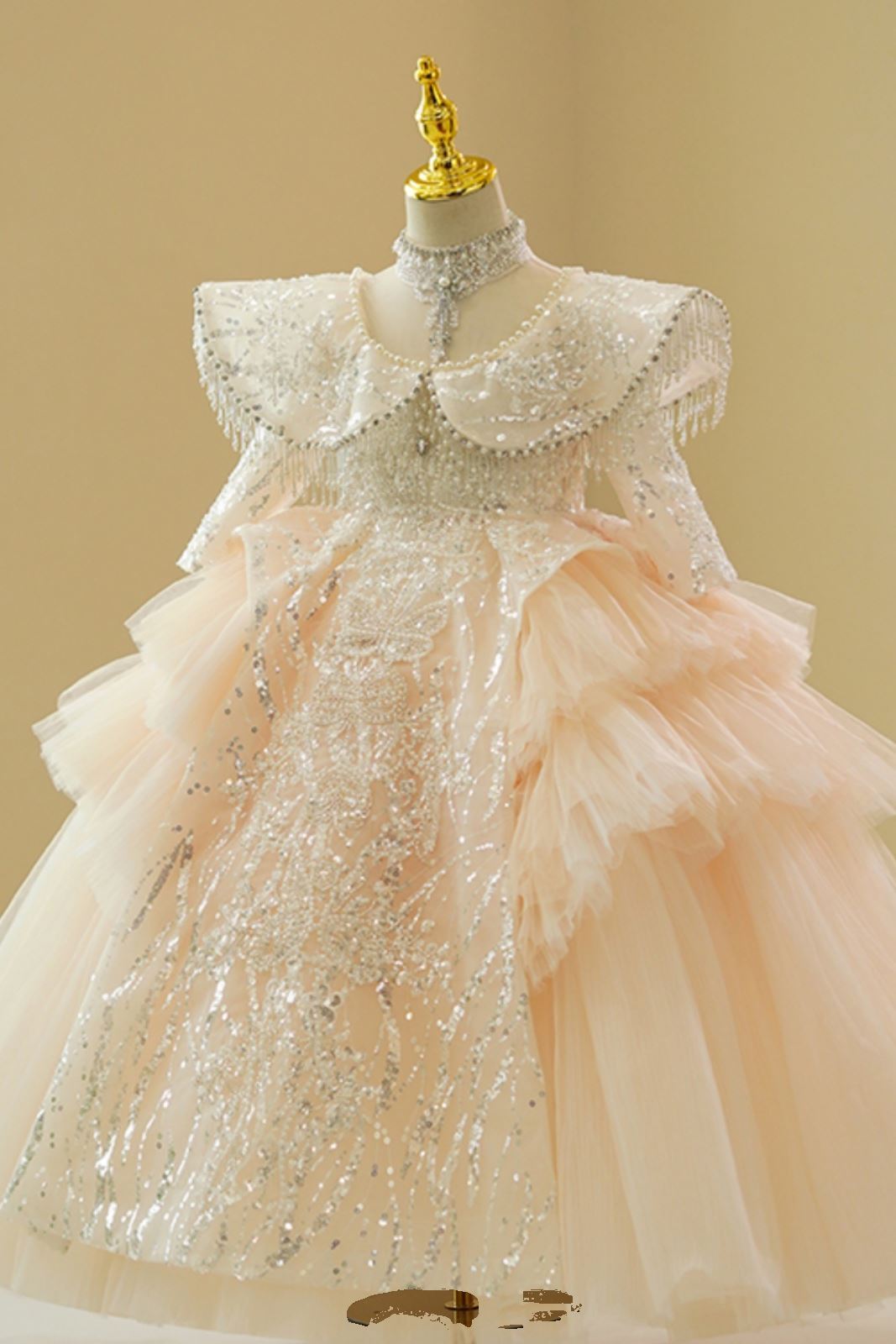 Prinzessin Bodenlang Tüll Blumenmädchenkleider in Champagner