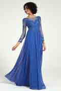 Blaues langärmliges Kleid für die Brautmutter mit Spitzenstickerei