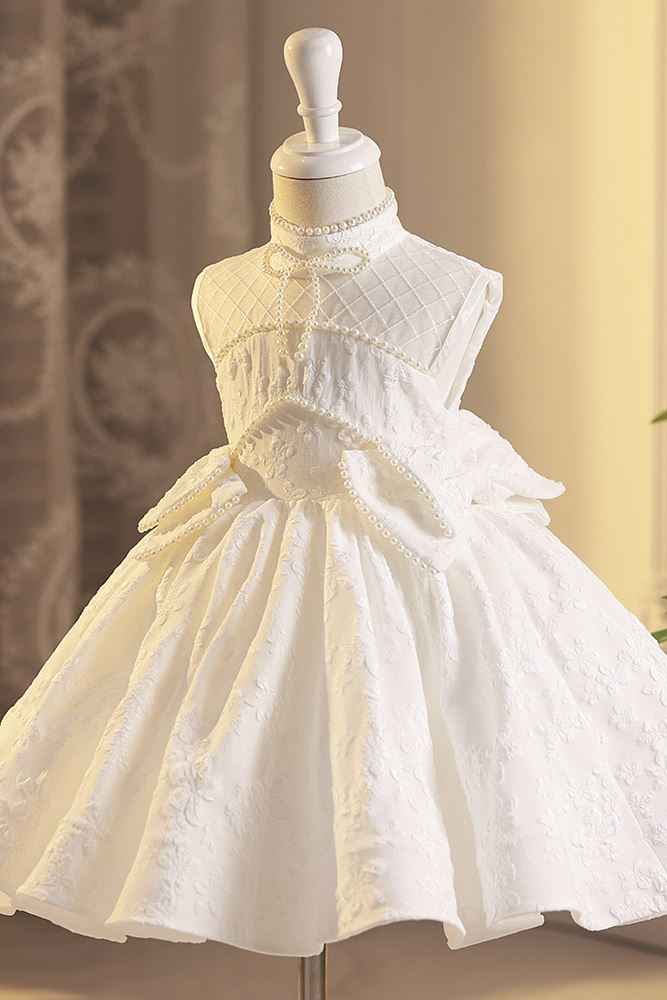 Prinzessin Juwelenhals Wadenlang Satin Blumenmädchenkleider in Weiß