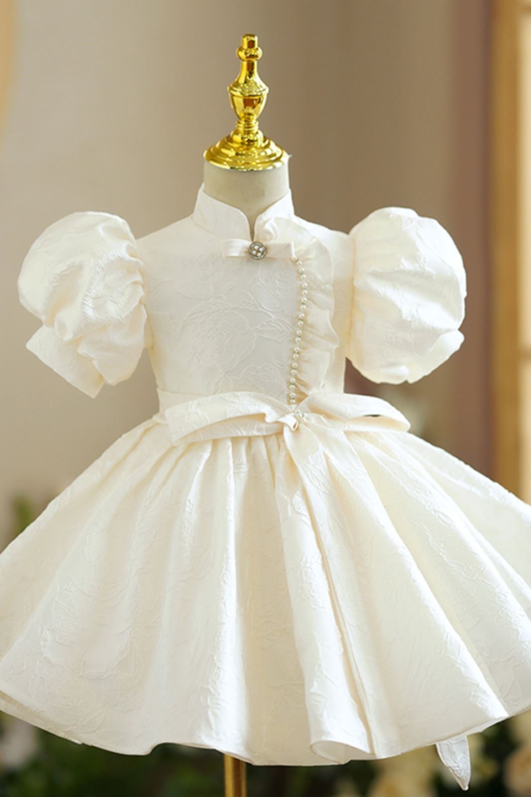 Prinzessin Stehkragen Wadenlang Satin Blumenmädchenkleider Champagner