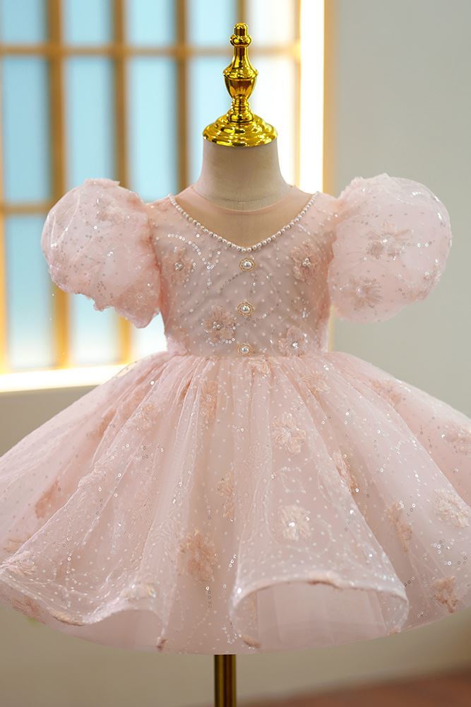 V Ausschnitt Wadenlang Pailletten Blumenmädchenkleider in Rosa