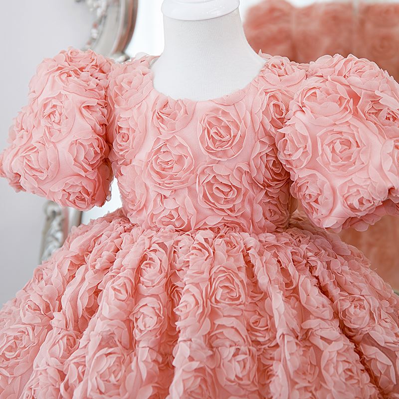 Prinzessin Runden Wadenlang Spitze Blumenmädchenkleider in Rosa