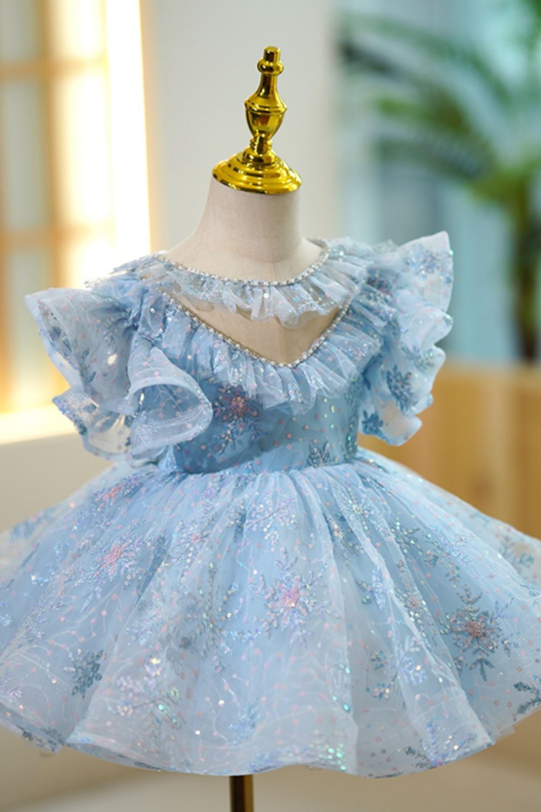 Prinzessin Runden Wadenlang Pailletten Blumenmädchenkleider in Blau