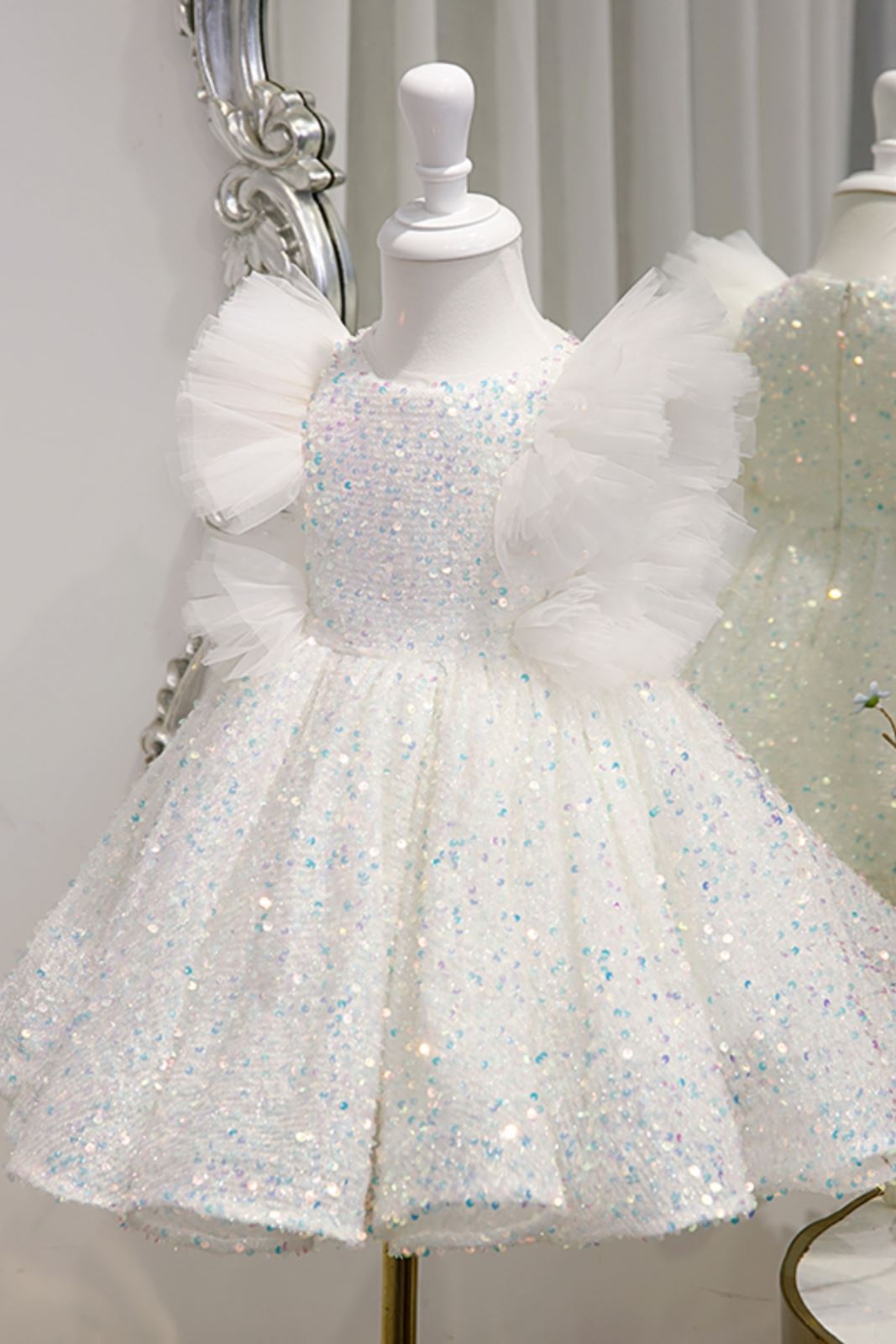 Prinzessin Runden Pailletten Blumenmädchenkleider in Weiß