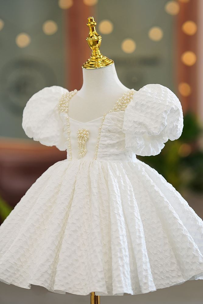 Princess Square Tea Length Polyester Flower Girl Dress in White