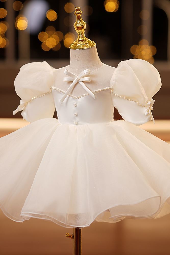 Prinzessin Runden Wadenlang Satin Blumenmädchenkleider Elfenbein