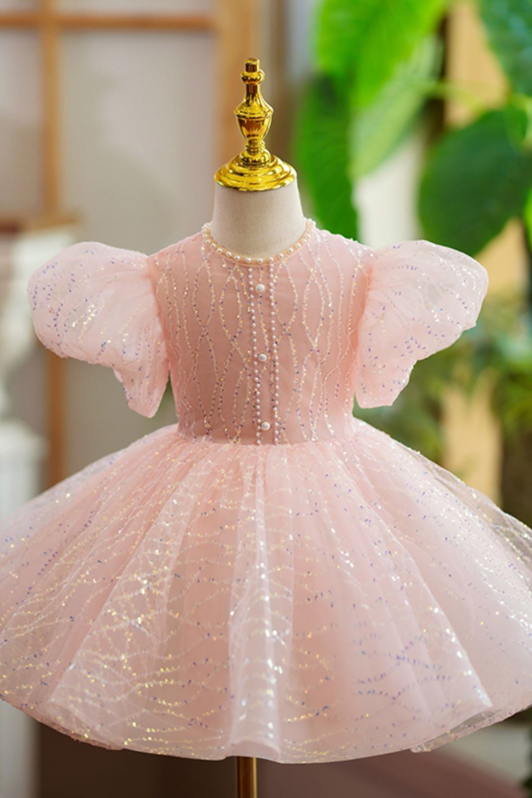 Prinzessin Wadenlang Pailletten Blumenmädchenkleider in Rosa