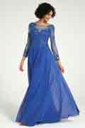 Blaues langärmliges Kleid für die Brautmutter mit Spitzenstickerei