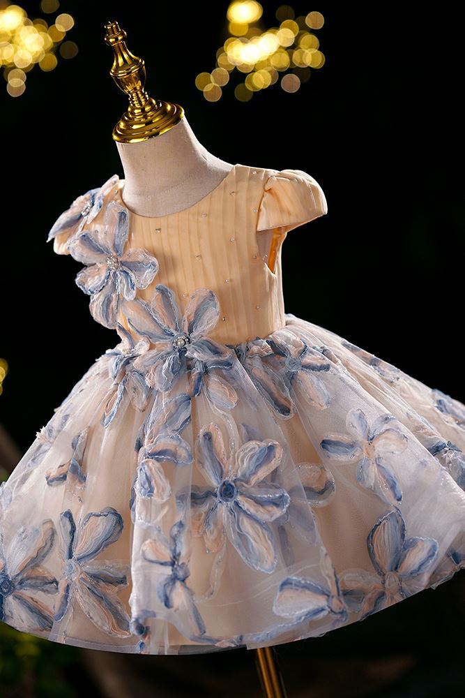 Prinzessin Runden Wadenlang Tüll Blumenmädchenkleider in Champagner