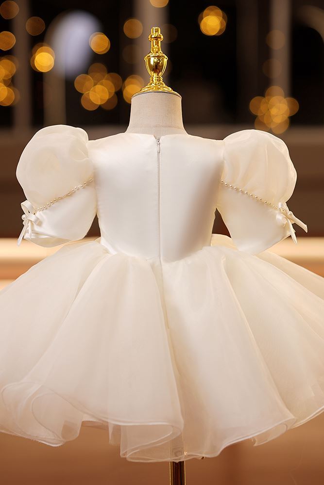 Prinzessin Runden Wadenlang Satin Blumenmädchenkleider Elfenbein