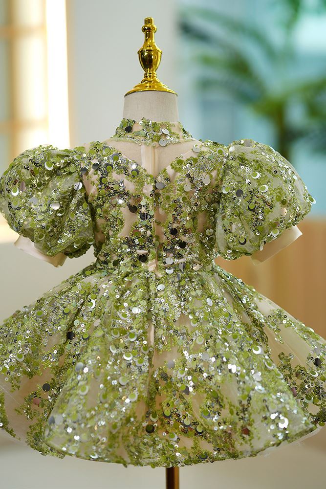 Prinzessin Stehkragen Wadenlang Pailletten Blumenmädchenkleider Grün