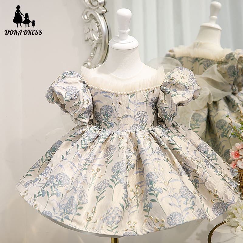 Prinzessin Runden Wadenlang Satin Blumenmädchenkleider in Staubigblau