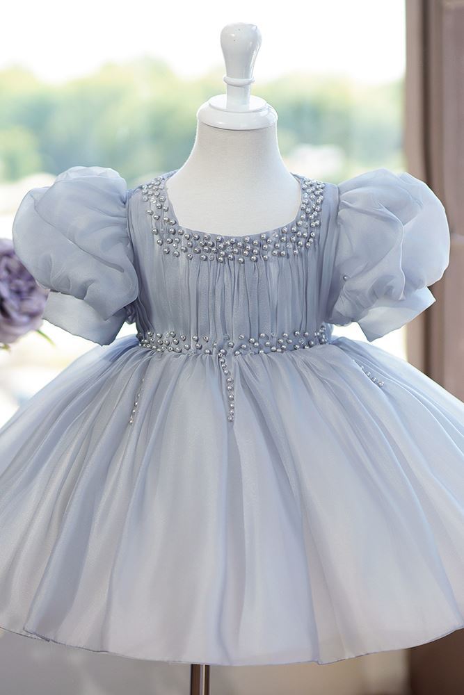 Prinzessin Juwelenhals Wadenlang Organza Blumenmädchenkleider in Grau