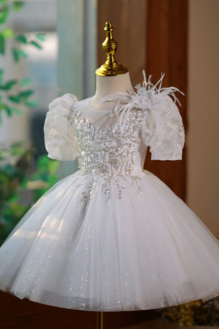 Prinzessin Runden Spitze Blumenmädchenkleider Weiß