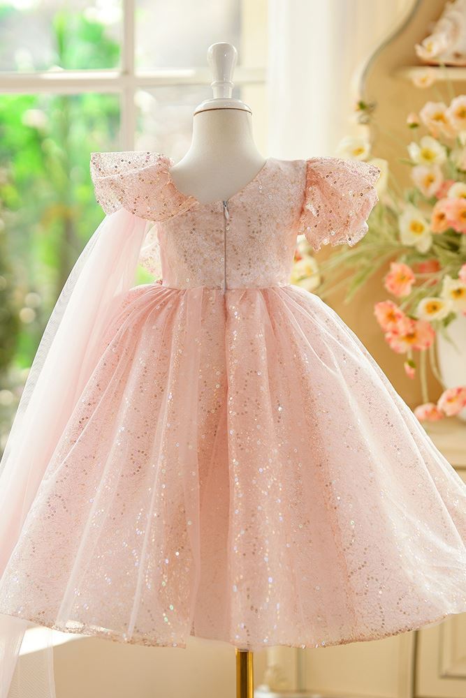 Scoop Wadenlang Pailletten Blumenmädchenkleider in Rosa