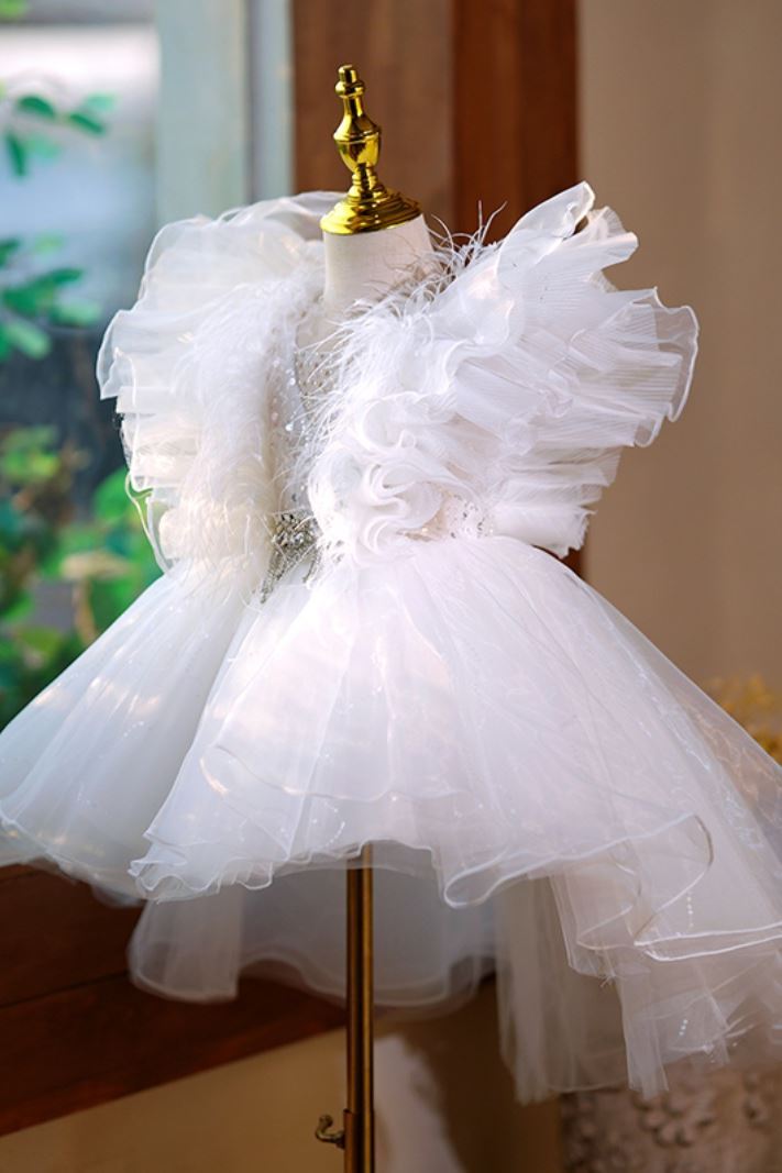 Prinzessin V Ausschnitt Wadenlang Tüll Blumenmädchenkleider Weiß