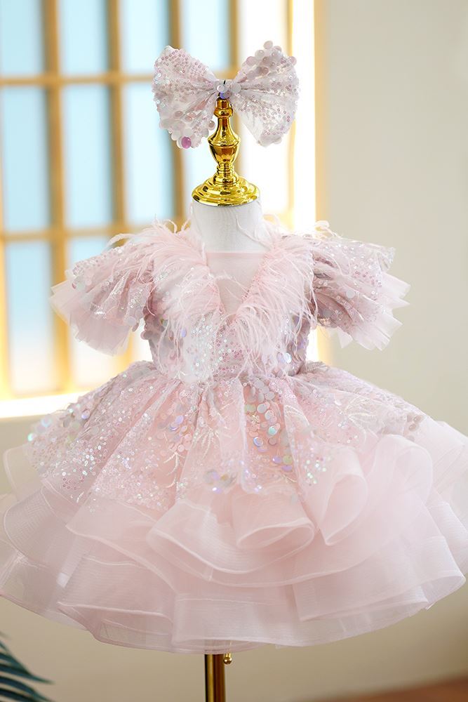 Prinzessin V Ausschnitt Wadenlang Pailletten Blumenmädchenkleider Rosa