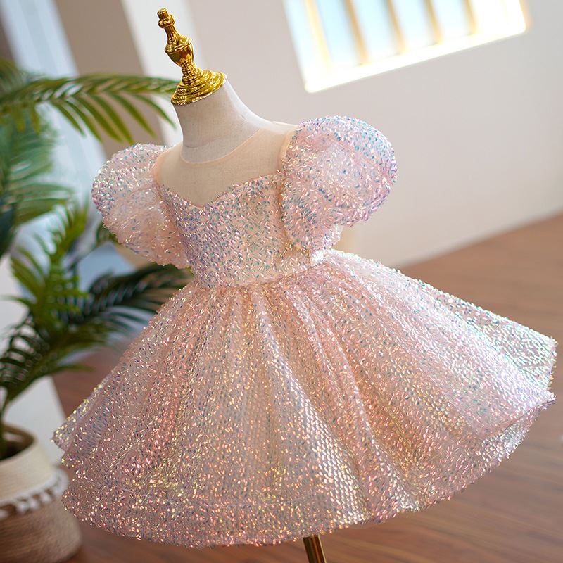 Princess Round Tea Length Sequined Flower Girl Dress Pink