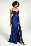 Navy Satin Gown with Sweetheart Neckline Strappy Back and High Slit