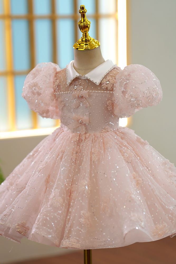 Prinzessin Kragenhals Wadenlang Organza Blumenmädchenkleider in Rosa